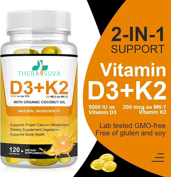 High Potency Vegan K2 (MK 7) 200mcg + D3 5000iu 5000iu w/Organic 120 SoftGels 60-Day Supply