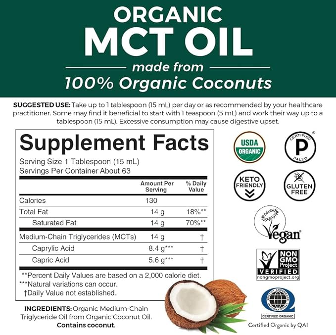 Viva Naturals Organic MCT Oil 32 fl oz - Best MCT Oil Organic for Coffee, MCT Coconut Oil Supports Energy & Mental Clarity, USDA Organic, Non-GMO, Paleo & Keto Certified, MCT Wellness