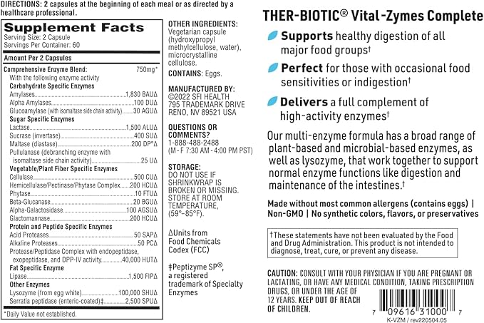 Klaire Labs Vital-Zymes Complete Digestive Enzymes 20 Active (120 Count 2 Pack)