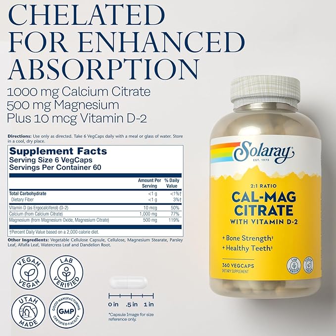 Solaray Calcium Magnesium Citrate 2:1 Ratio D2, Healthy 60 Serv, 360 VegCaps