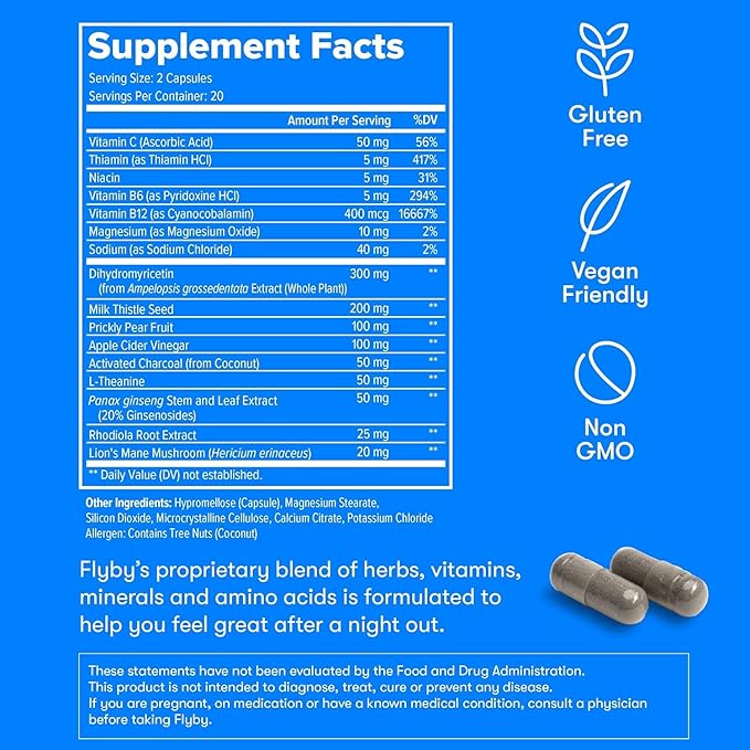 Flyby Recovery Supplement - All The Hang, Without The Over!™ - with Milk Thistle, Vitamin C, Activated Charcoal, and Apple Cider Vinegar - Pre & Post Drinking Formula (120 Count)