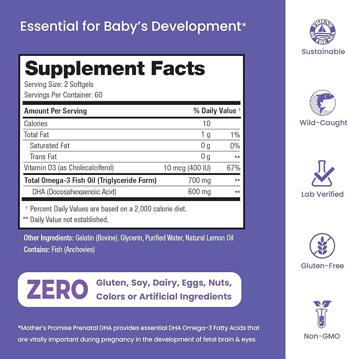 Prenatal DHA for Women 600mg + 400 IU D3 | 120 Softgels 3 Fish 300mg per