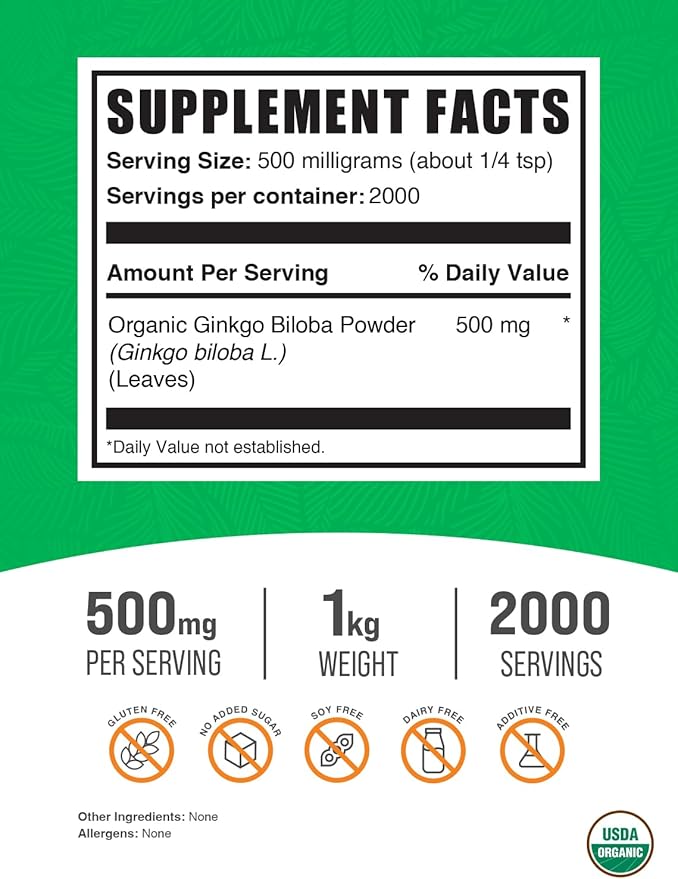 BulkSupplements.com Organic Ginkgo Biloba Powder 500mg per 1kg (2.2 (2.2 lbs) 1)