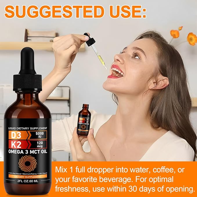 Vitamin D3 5000 IU & K2 (MK-7) 120 mcg 60ml Drops with MCT Oil Omega 3, Liquid Vitamin D3 & K2 Supplements - 2 Months Supply -Supports Bones, Teeth, Mood & Immune System, Calcium Absorption