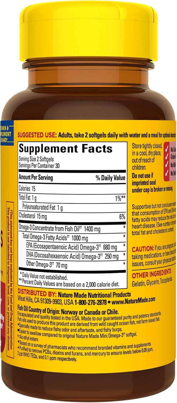 Nature Made Extra Strength Burp Less 3 Fish 1400 mg 3 Supplement, 60 Softgels, 30 Day