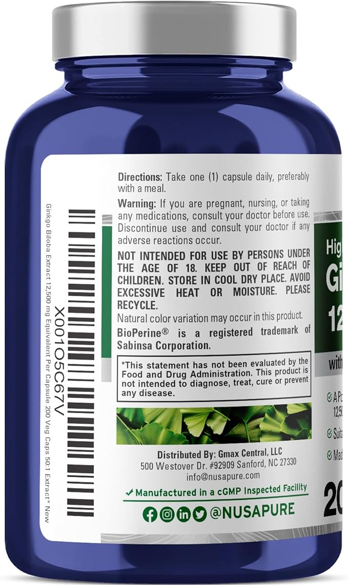 NusaPure Ginkgo Biloba Extract 12,500mg per 200 Capsules 50:1) Bioperine