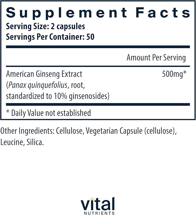Vital Nutrients - American Ginseng - 100 Vegetarian 250 mg