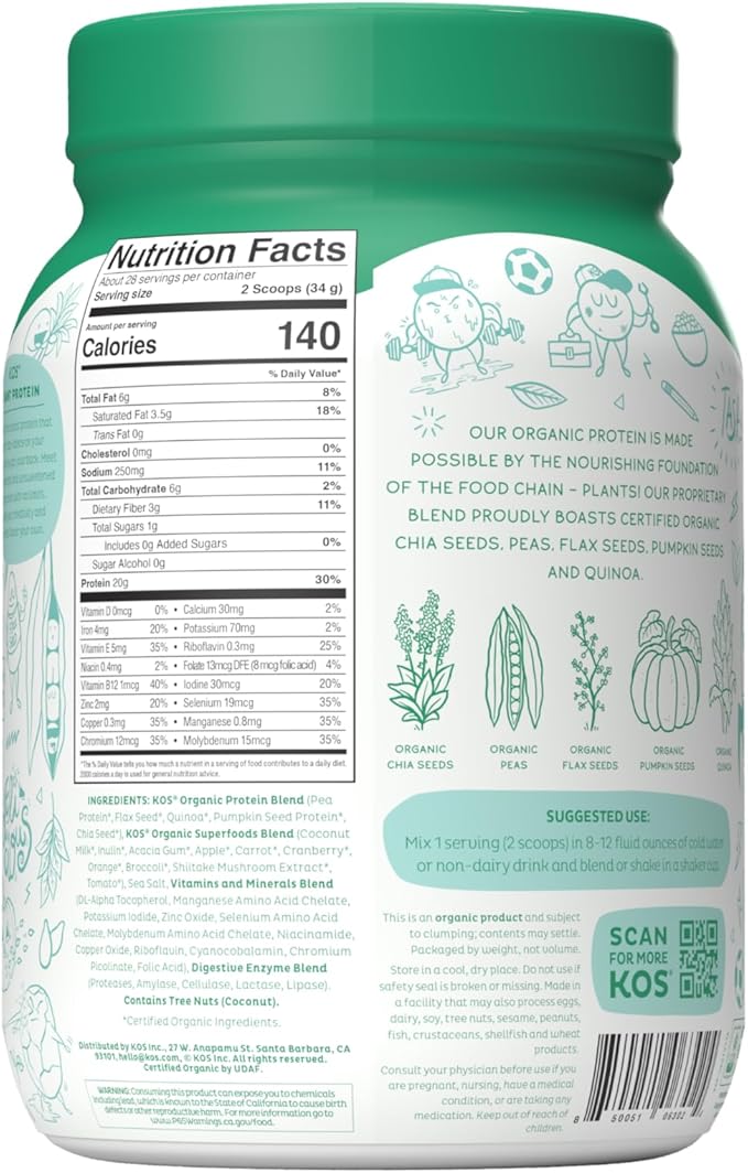 KOS Vegan Protein Powder, Unflavored & Unsweetened 28 Servings