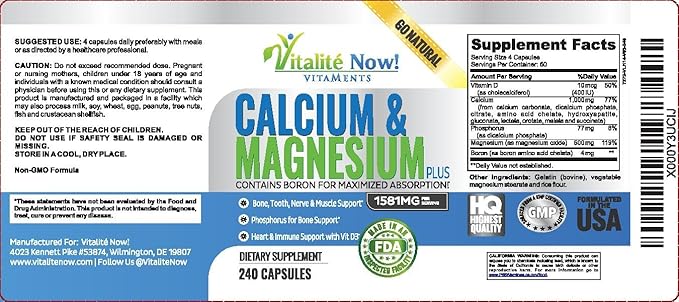 Best Calcium & Magnesium + Vitamin D3 400 IU - Highly Absorbable with Boron - 10 Forms of Calcium + Phosphorus for Bone Strength - All Natural - 240 Capsules - 2 Month Supply!