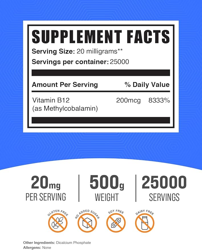 BulkSupplements.com Vitamin B12 Methylcobalamin Powder 1% B12 B12 Methylcobalamin, B12 Supplement, 20mg per 500g (1.1 (1.1 lbs) 1)