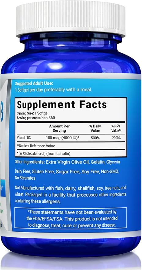 Vitamin D3 4000 IU Dietary Supplement 360 Softgels