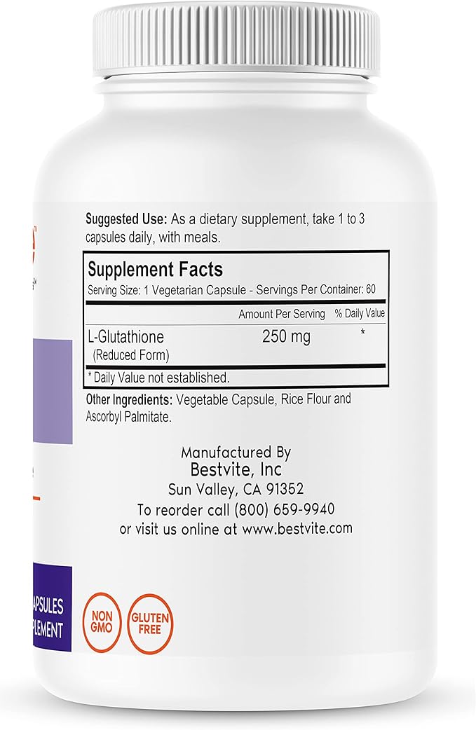 BESTVITE L-Glutathione 250mg (60 Vegetarian Capsules)
