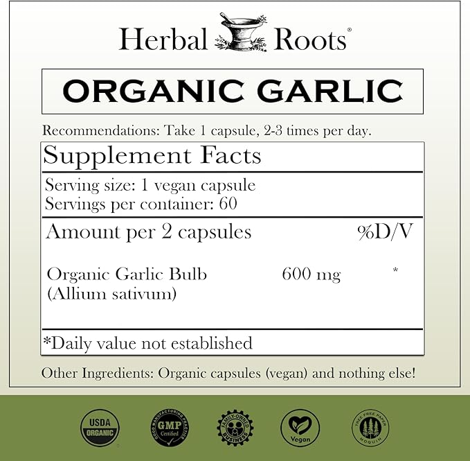 Herbal Roots Organic Whole Bulb Garlic Pills 600 mg 60 Organic