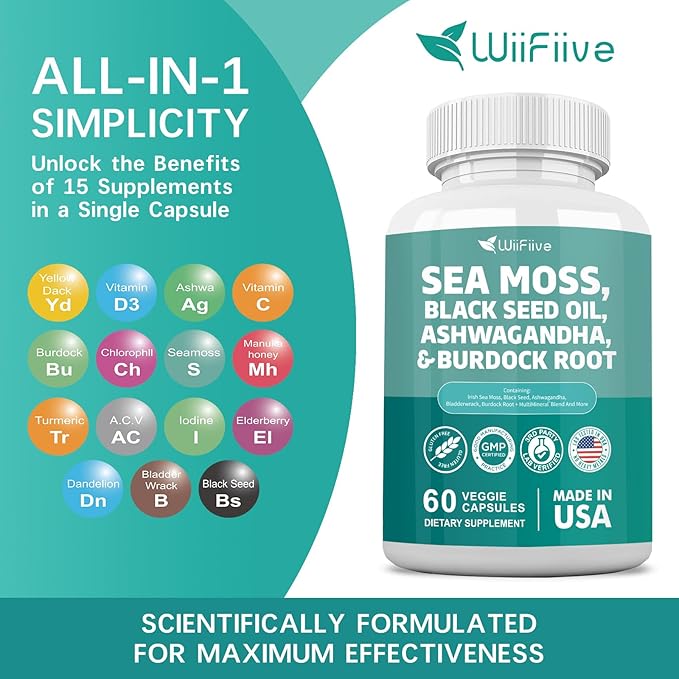 Sea Moss 3000mg Black Seed Oil 2000mg Ashwagandha 1000mg Burdock 1000mg Turmeric 1000mg Irish D3 Yellow 60 Count