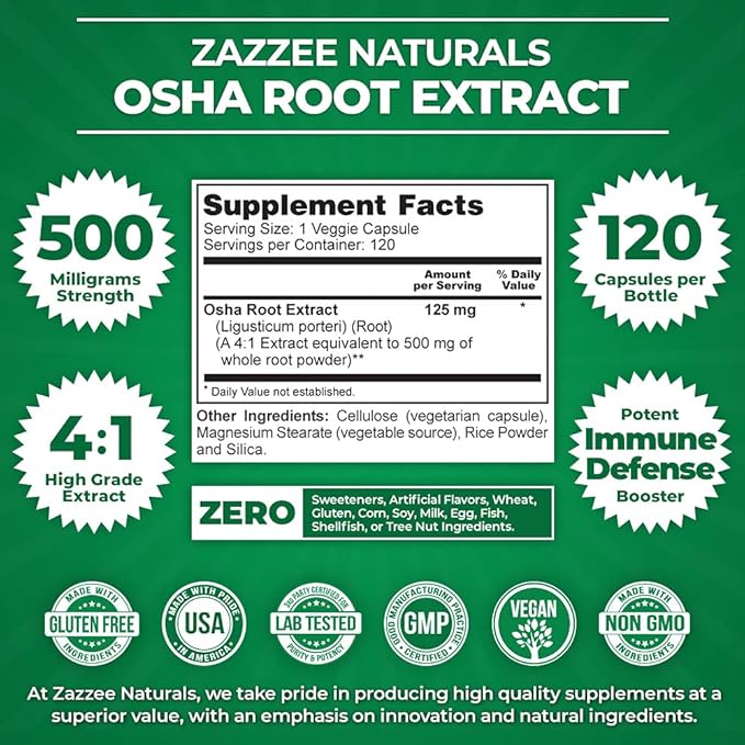 Zazzee OSHA Root 4:1 Extract, 500 120 Vegan 4 Month 4X Extract, 100% Vegetarian,