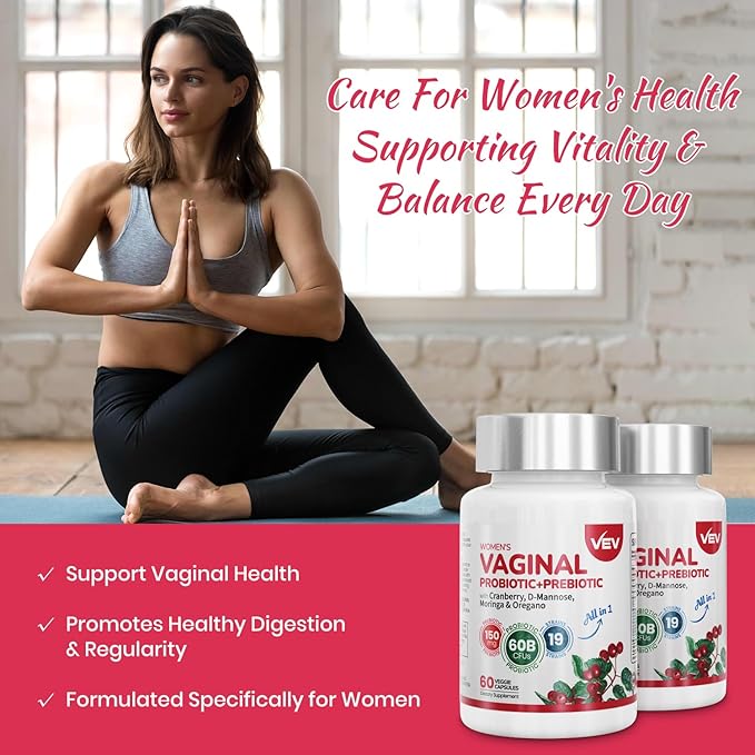 VEV Women’s Vaginal Probiotics + Prebiotics, 60 Billion CFUs, 19 Strains with D-Mannose, Cranberry, Supports Digestive, Vaginal and Feminine Wellness, Easy to Swallow, 120 Capsules (60-Day Supply)
