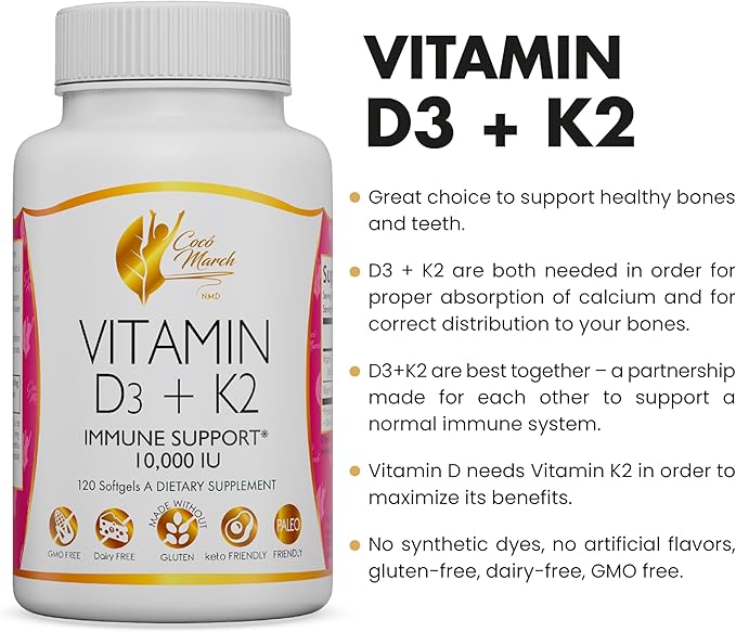 Coco March Vitamin D3+K2 10,000 IU 4 Month 250 mcg D3-180 mcg K2