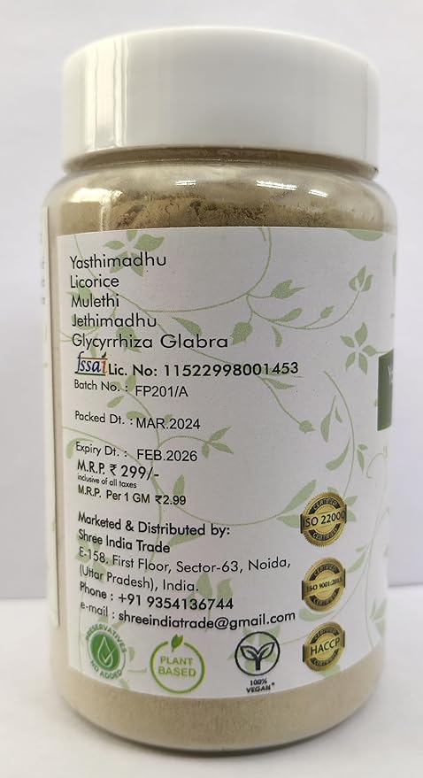 Yashtimadhu Powder 100 Gm | Natural Mulethi Powder/Licorice Powder Glycyrrhiza glabra | Supports Immunity | Mulethi | Vegan | Non GMO | Gluten Free