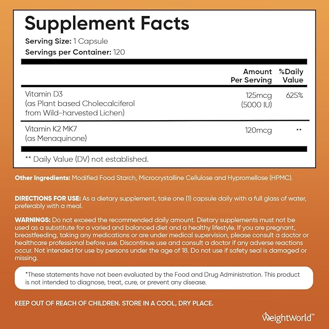 WeightWorld Vegan Vitamin D3 K2-120 Capsules - 5000 IU D3 & K2 120mcg for Bone Strength & Immune Health – K2 D3 Vitamin Supplement Plant-Based Cholecalciferol from Wild-Harvested Lichen