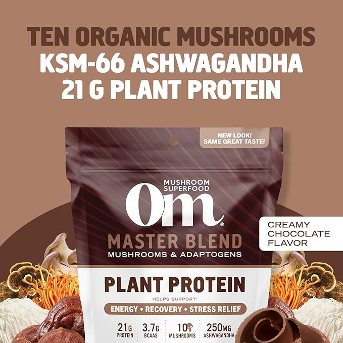 OM MUSHROOM SUPERFOOD Master Blend Plant-Based Protein Powder, 19.26 Ounce, 16 Servings, Creamy Chocolate Protein with 10 Mushroom Complex, Lions Mane, Adaptogens for Optimal Health and Recovery