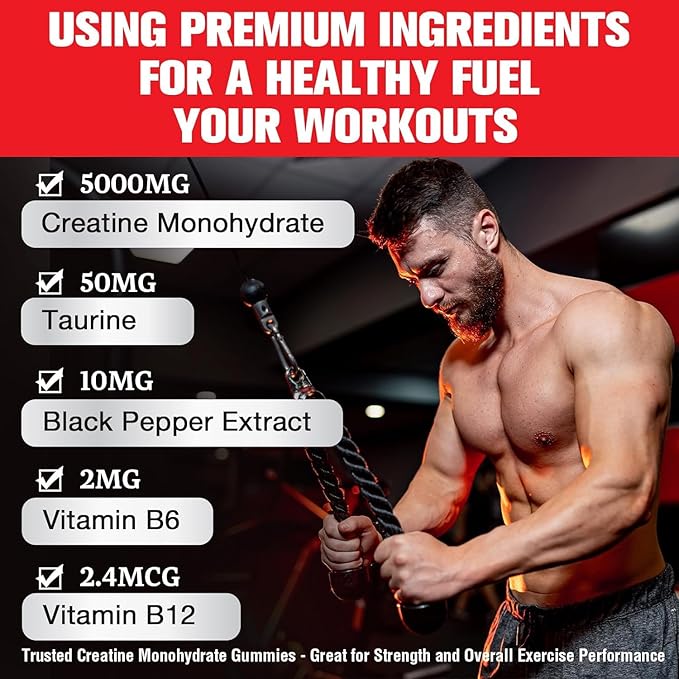 Creatine Monohydrate Gummies for Men & Women - 5000mg Creatine Pre-Workout Gummies with Taurine & Vitamin B6 B12 for Maximum Strength, Muscle, Energy, Endurance & Focus, Organic,Vegan-240 Count
