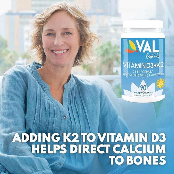 VAL Essentials Vitamin K2 + D3 Supplement 5000 IU D3 & 90 mcg K2 MK-7, MK-7, Non-GMO, 90 Vegetarian