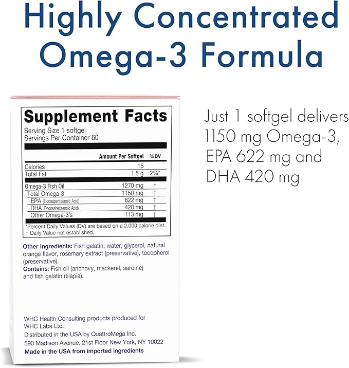 UnoCardio X2 Fish Oil, Triglyceride Omega-3 1270 mg (622 mg 420 mg 1150 mg Omega-3 per 60 softgels