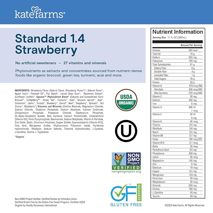 KATE FARMS Organic High Calorie 1.4 455 Calorie 20g protein, 27 Vitamins 11 oz (6 Pack)