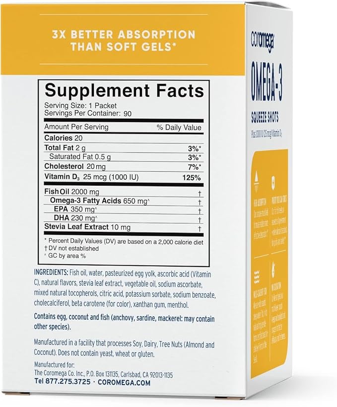 Coromega Omega 3 Fish Oil Supplement D3, 650mg 650mg of Omega-3s with 3X Better 90 Single