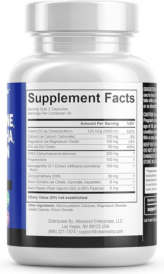 DHEA 200mg Supplement Pregnenolone 100mg 3000mg Boron 6mg Complex 50mg Vitamin D3 5000 5000 iu 60 Ct