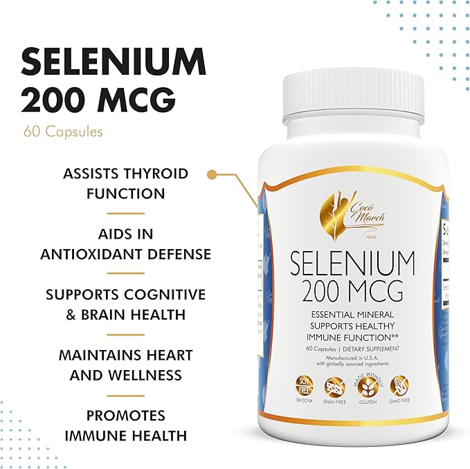 Coco March Selenium - Essential Mineral for Thyroid Health -200 mcg- 3 Month Supply -Gluten Free, Soy Free, Dairy Free, GMO Free, Vegan - 90 Capsules