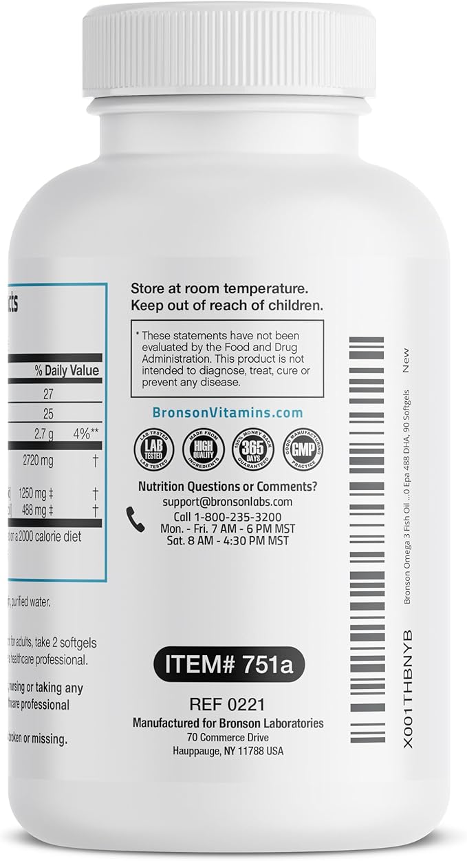 Bronson Omega 3 Fish Oil Triple 2720 mg, 1250 mg 488 mg, 90 Softgels