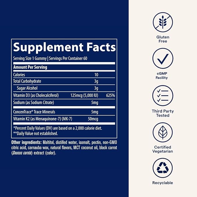 Trace Minerals | Vitamin D3 + K2 Gummies | 5,000 IU D3 + 50 mcg K2 | Vegan, Sugar Free, Gluten Free, Natural Strawberry Flavor | 60 Servings