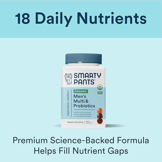 SmartyPants Multivitamin for Men, Organic Gummies: CoQ10, Methylfolate, 3 (ALA), D3, C, B12, B6, B6, Vitamin 120 Gummies (30 Day