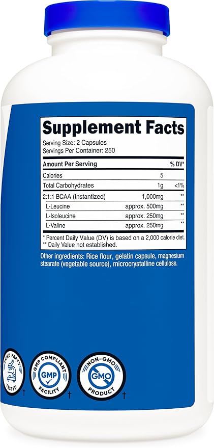Nutricost BCAA Capsules 2:1:1 500mg, 500 Caps (3 Bottles)
