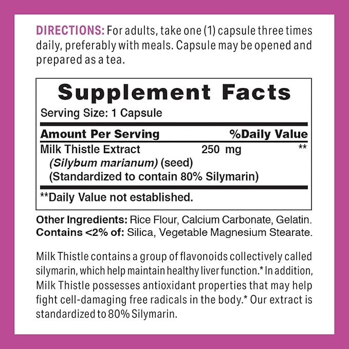 Vitamin World Milk Thistle (Silymarin) Standardized 250mg 100 100 Capsules,