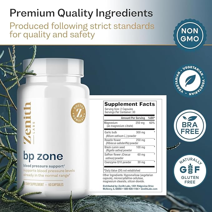 Zenith Labs BP Zone Natural Blood Pressure Supplement Advanced Formula Blood Pressure Capsules - Herbal Extract Pills to Help Lower BP Naturally - Circulatory, Cardiovascular Health Support - 6 Pack