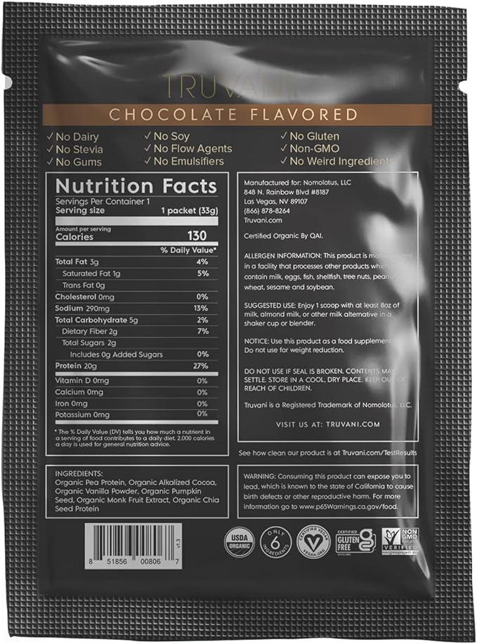 Truvani Vegan Pea Protein Powder 20g Organic 1 Serving