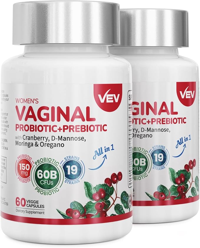 VEV Women’s Vaginal Probiotics + Prebiotics, 60 Billion CFUs, 19 Strains with D-Mannose, Cranberry, Supports Digestive, Vaginal and Feminine Wellness, Easy to Swallow, 120 Capsules (60-Day Supply)