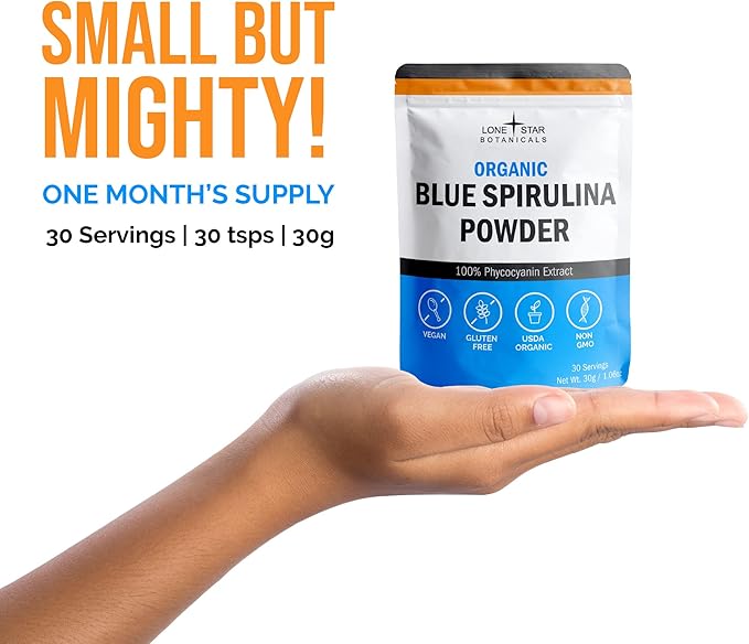 Organic Blue Spirulina Powder - 100% Pure Blue-Green Algae, No Fishy Smell, Vegan Superfood for Smoothies & Drinks, Non GMO, Gluten-Free, Vegan
