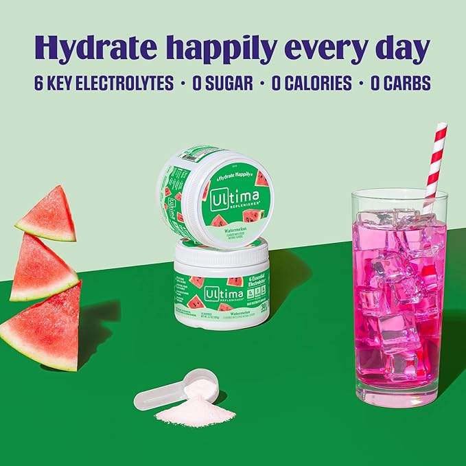 Ultima Replenisher Daily Electrolyte Powder Drink Mix – Watermelon, 30 Servings – Hydration Powder with 6 Key Electrolytes and Trace Minerals – Keto Friendly, Vegan, Non-GMO and Sugar-Free