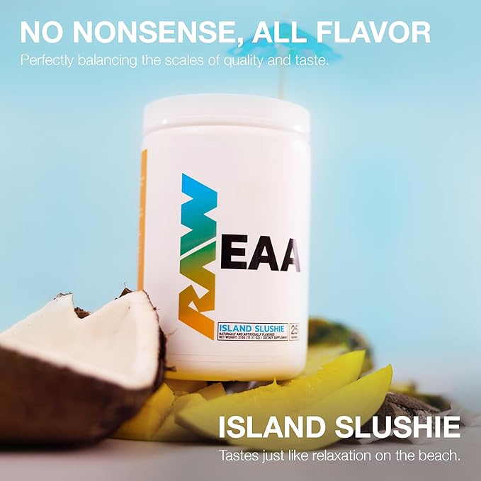 RAW EAA Amino Acids Powder, Island Slushie (25 Servings) - Pre Workout Amino Energy Powder for Strength, Endurance, Recovery & Lean Muscle Growth - BCAA Amino Acids Supplement for Men & Women