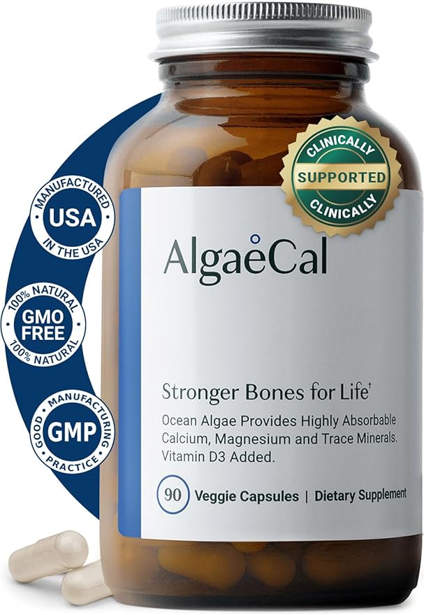 ALGAECAL - Plant Based Calcium Supplement with 13 Bone Supporting Minerals + Vitamin D3 (1000 IU) clinically Shown to Stop Bone Loss. Organic Calcium (750 mg), 90 Veggie Caps