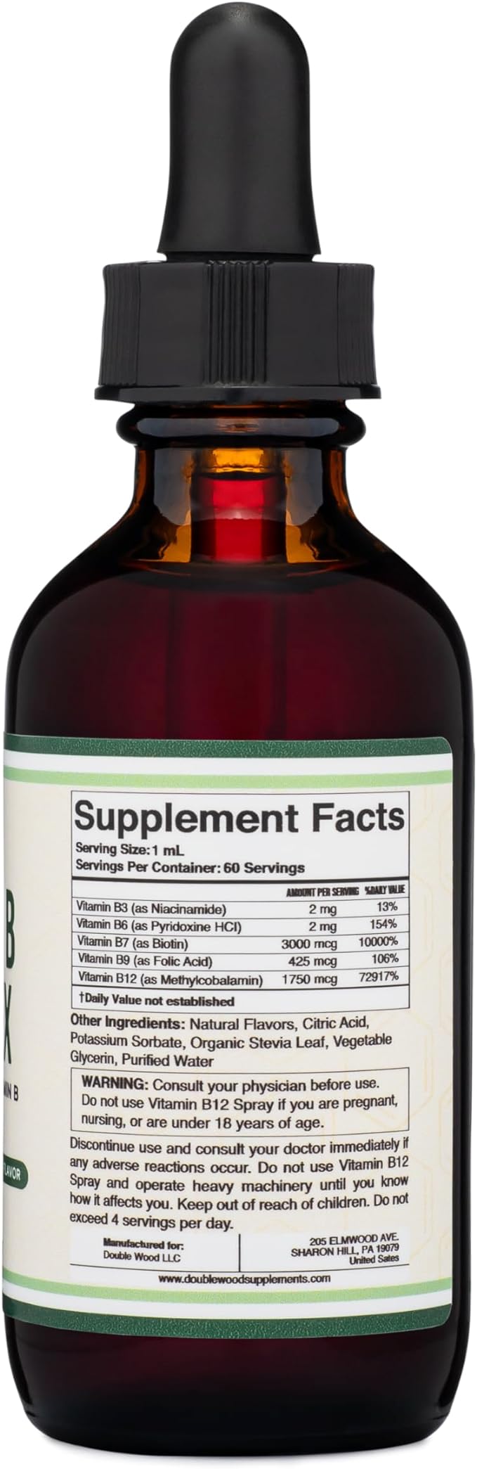 Double Wood Supplements Liquid Vitamin B Complex 2 Month B3, B6, B6, B7 B7 (Biotin), B9, and B12 - 2 FL