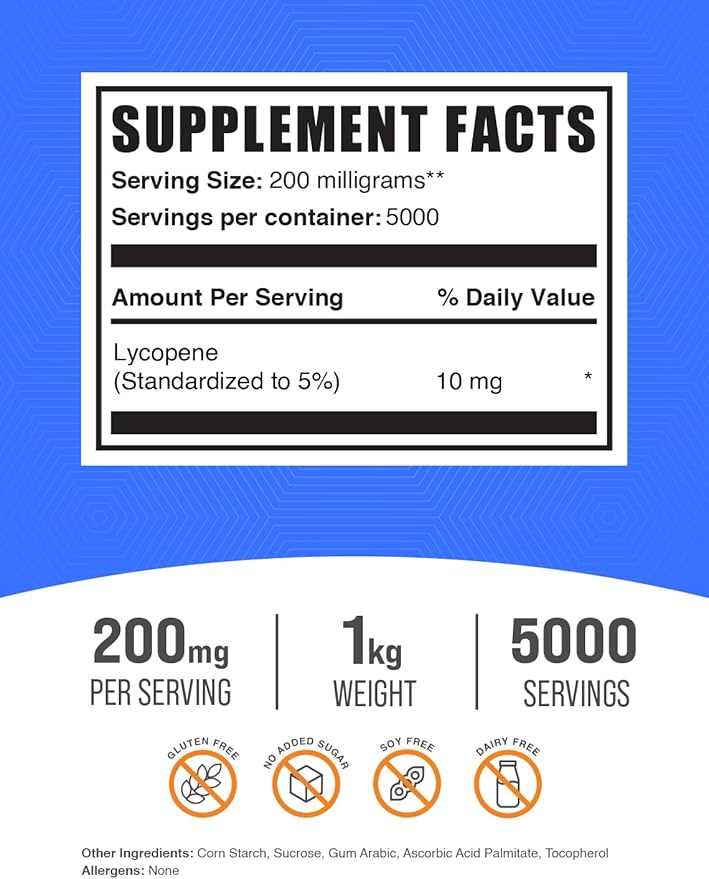 BulkSupplements.com Lycopene Powder - Lycopene Supplement, Lycopene 10mg - Antioxidants Supplement, Gluten Free, 200mg per Serving, 1kg (2.2 lbs) (Pack of 1)