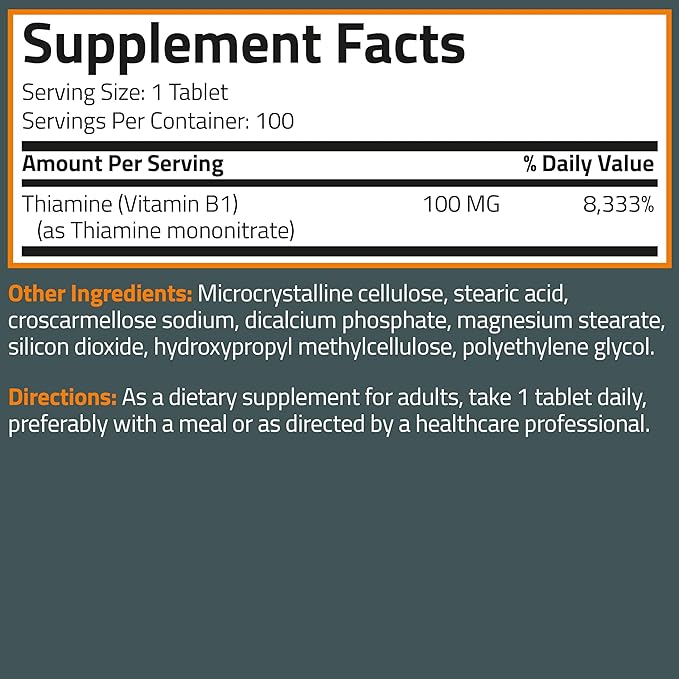 Bronson Vitamin B1 100 MG, Non-GMO, 100 Vegetarian Tablets