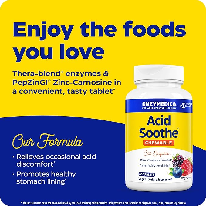 Enzymedica, Acid Soothe Chewable, Promotes Relief 60 Tablets (60 Servings)