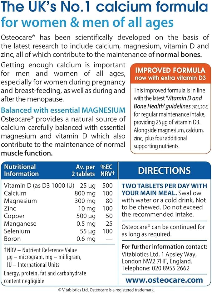 Vitabiotics Osteocare Calcium 800mg with Vitamin D3, Magnesium, 90 Tablets