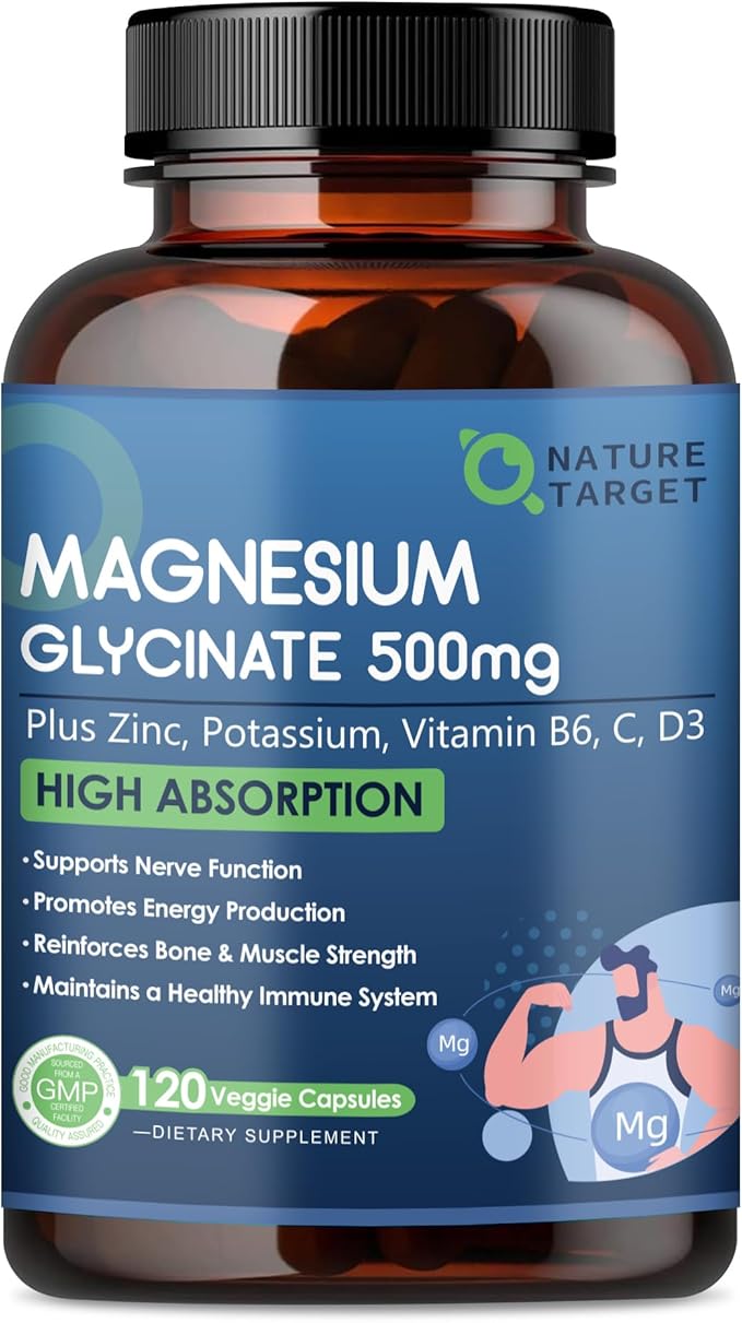 Magnesium Glycinate 500mg, Chelated Magnesium D3 for 120 Capsules