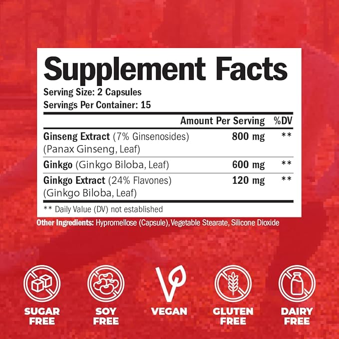 Ginseng & Ginkgo Biloba Supplements. Extra 800mg + 600mg + 120mg.30 caps